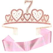 VeryMerryMakering Pink Princess Party Set - Fabulous Glitter Sash + Hearts Rhinestone Premium Metal Tiara for 7th Birthday Girls
